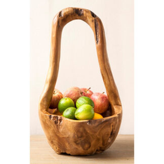 Fruteira Gamela Rústica de Madeira com Alça Alta Importada.